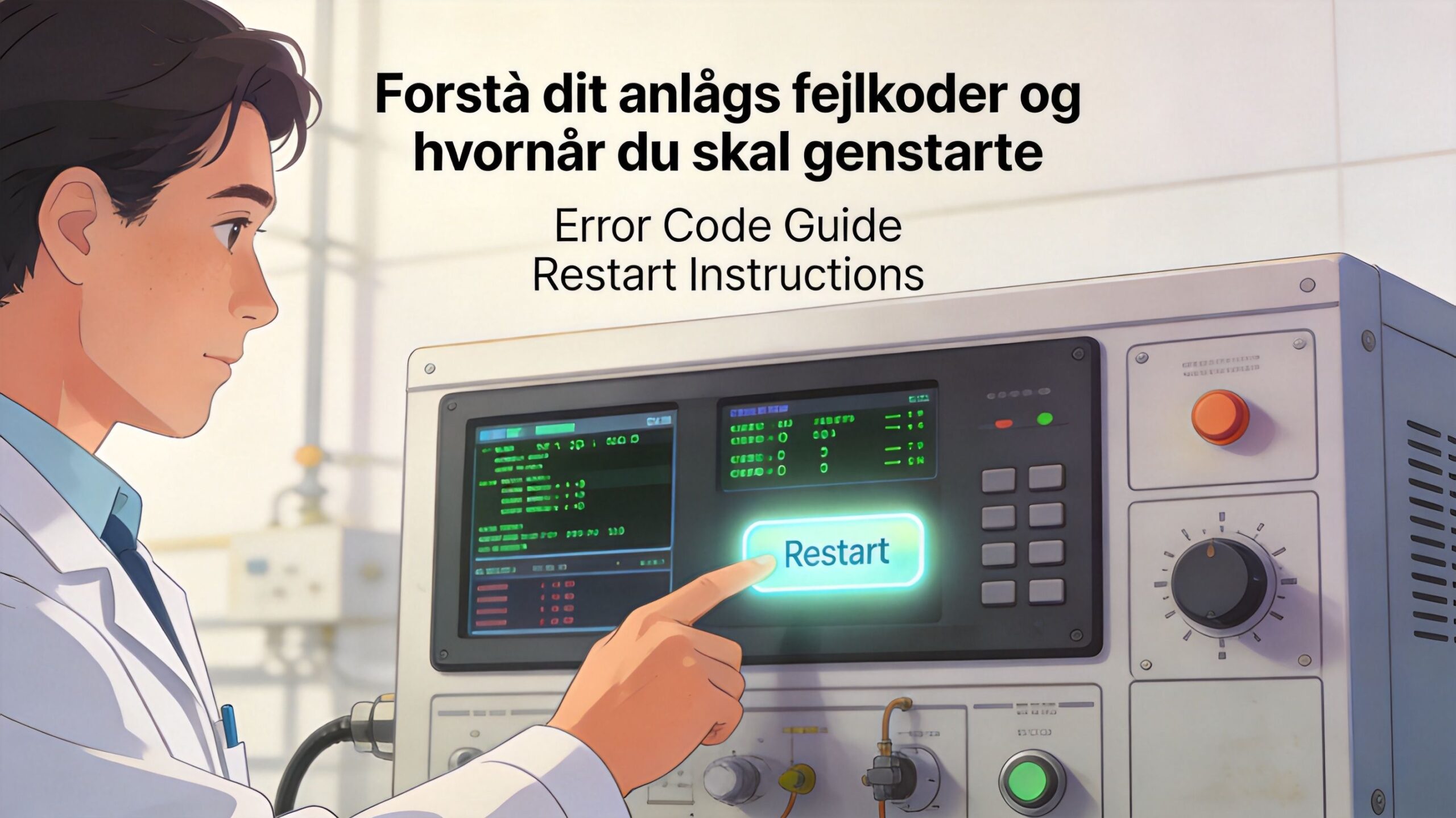 En tekniker i hvid kittel trykker på en genstart-knap på et avanceret kontrolpanel for at løse fejl.