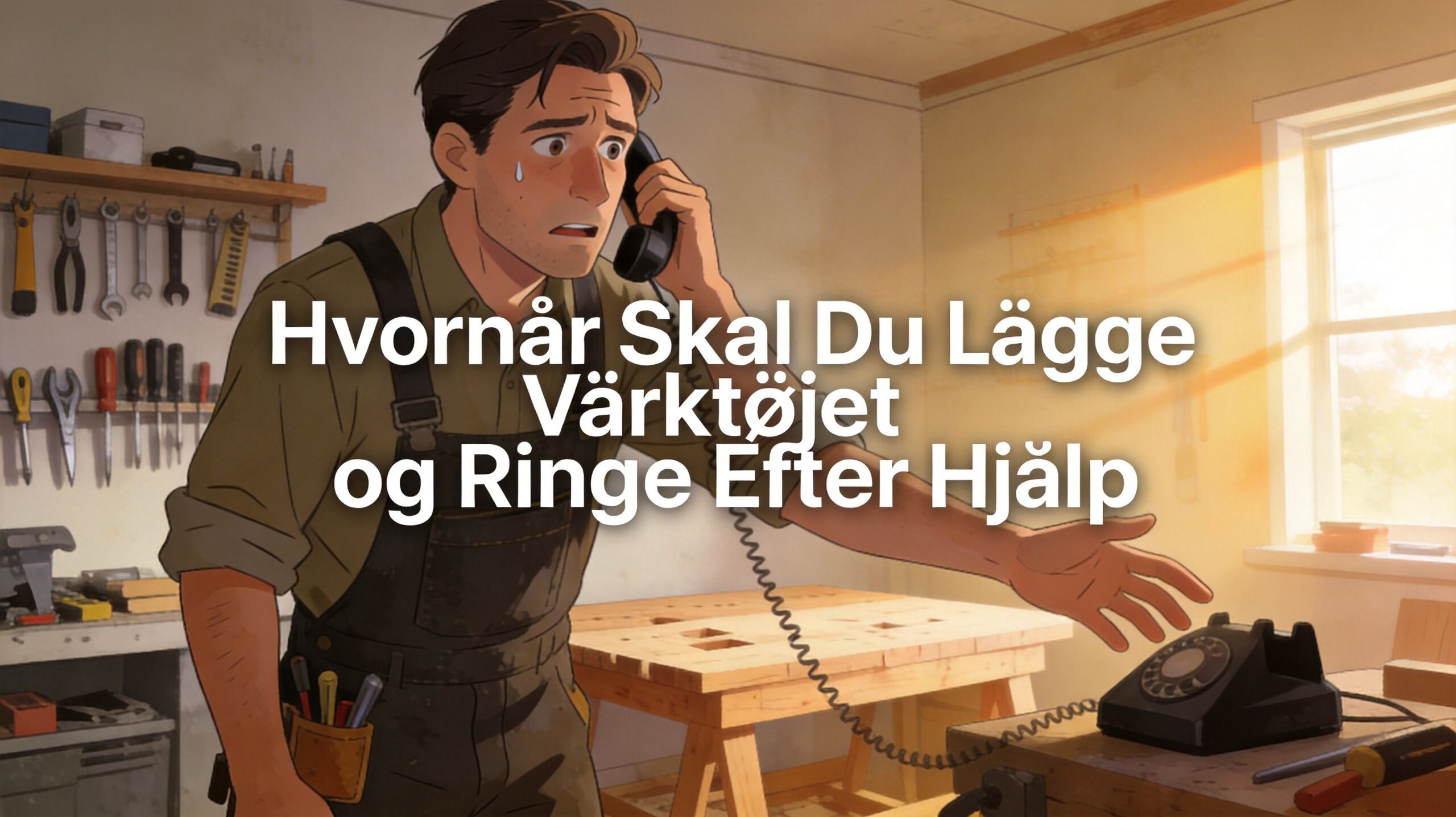 En bekymret håndværker ringer efter hjælp, mens han står i sit værksted med værktøj i baggrunden.