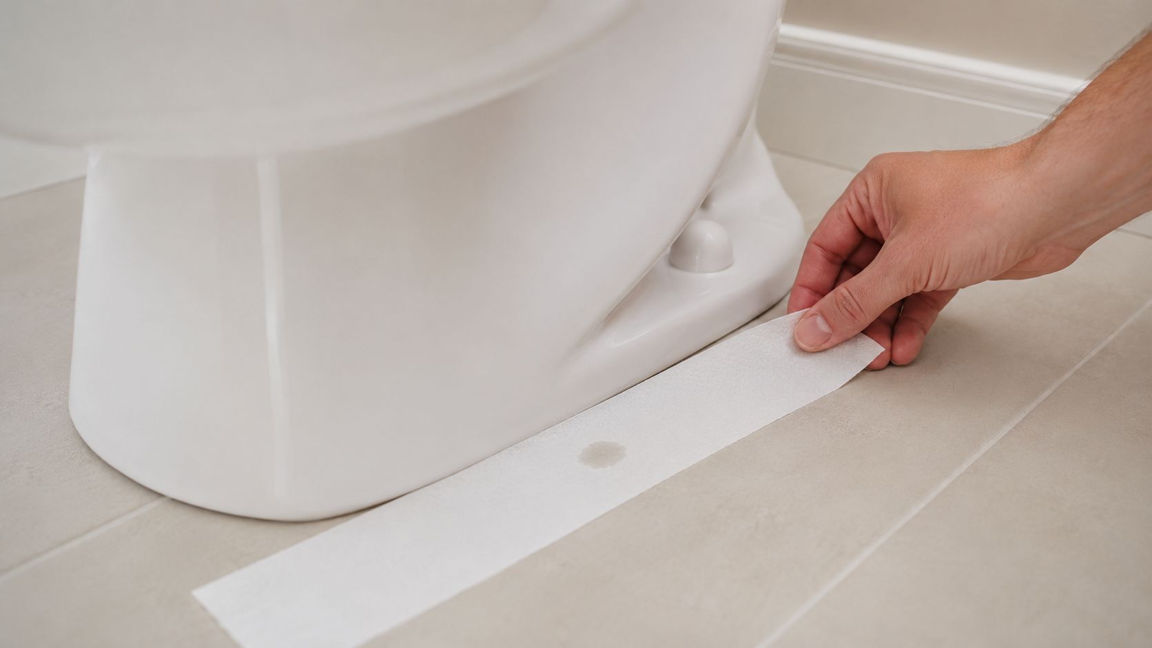 En hånd bruger toiletpapir til at tjekke for lækage af vand på gulvet ved bunden af toilettet.