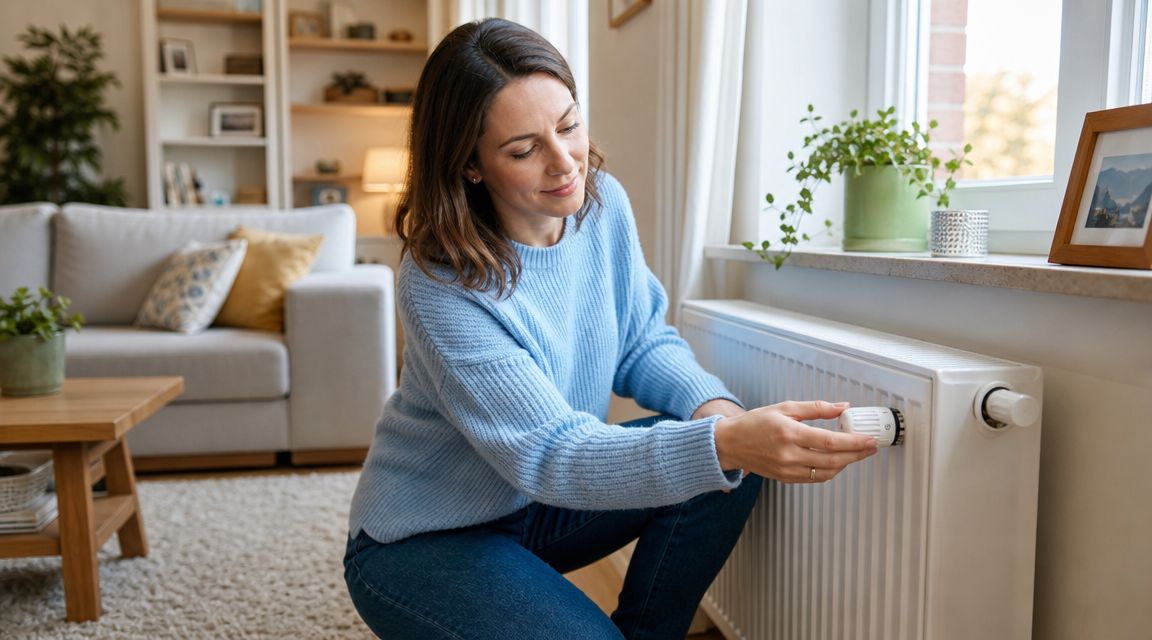 En kvinde i en blå sweater justerer termostaten på en hvid radiator i en moderne stue.