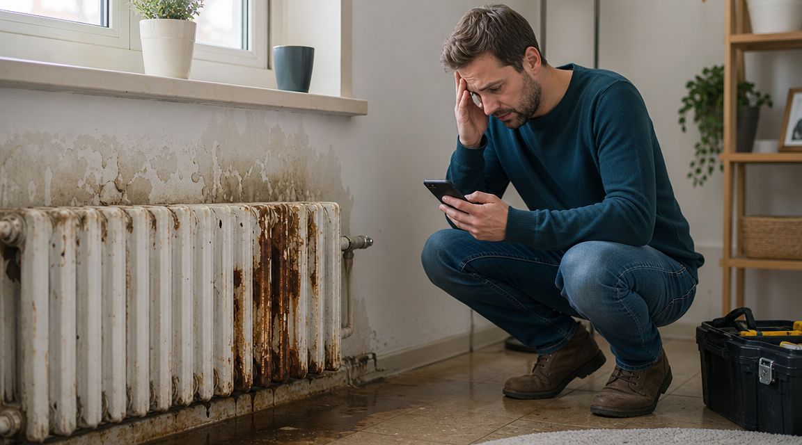 En bekymret mand ser på sin smartphone ved en utæt og rusten radiator i en stue.