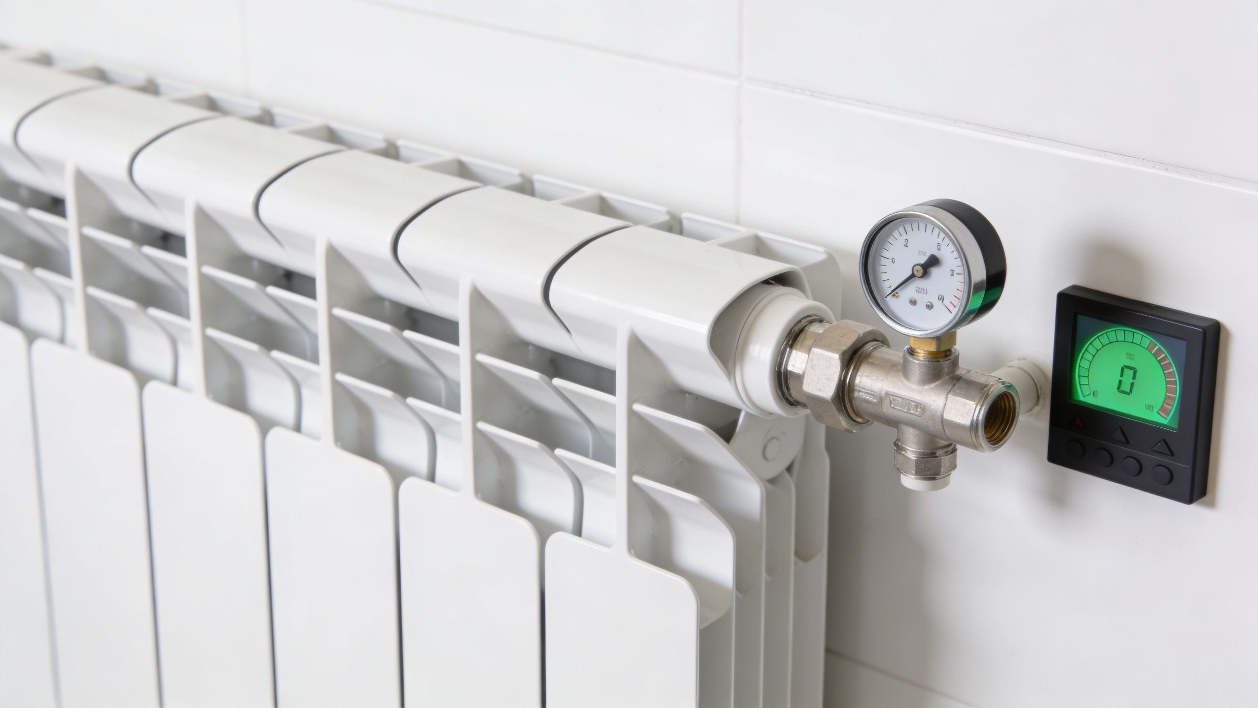 Hvid radiator med en monteret trykmåler og et digitalt display på en flisebelagt hvid væg i hjemmet.