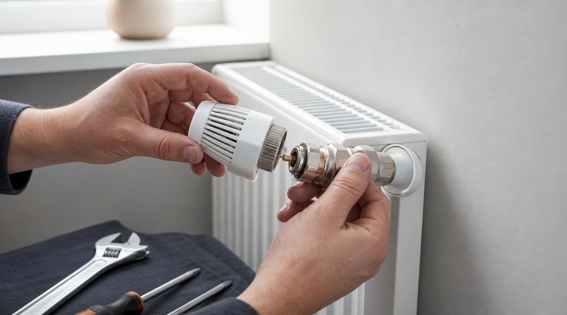 En person monterer en termostat på en radiator for at udbedre en termostat der sidder fast.