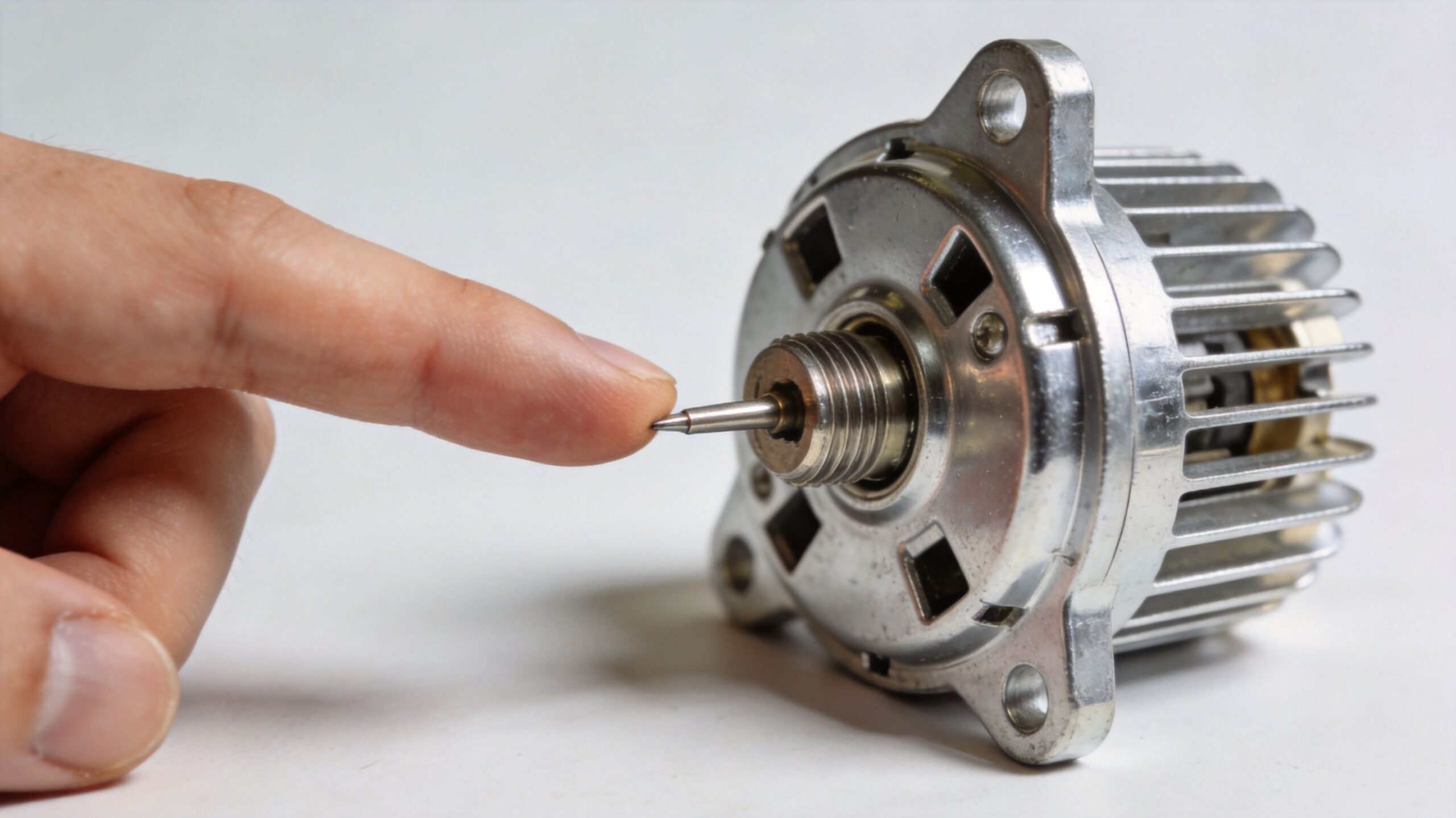 En finger der rører ved den lille centrale stift på en metal elektrisk motor eller aktuator.