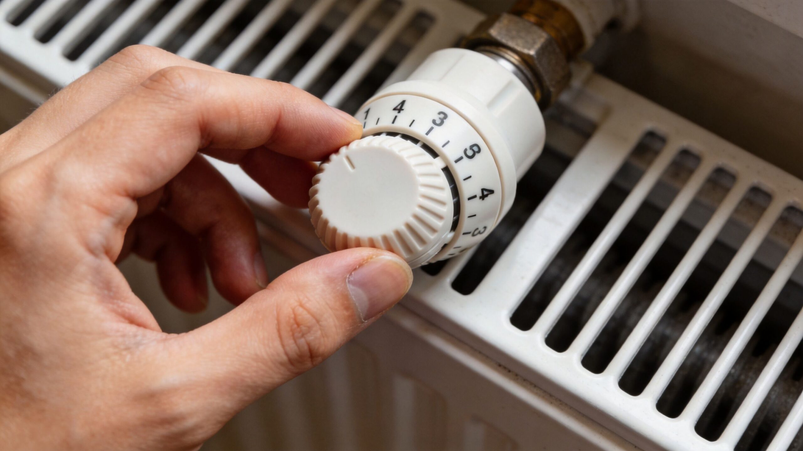 En hånd der justerer termostaten på en hvid radiator for at styre rummets temperatur og varme.