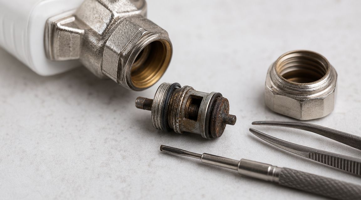 En adskilt radiatortermostat med værktøj på en hvid overflade, der illustrerer reparation af en fastsiddende ventil.