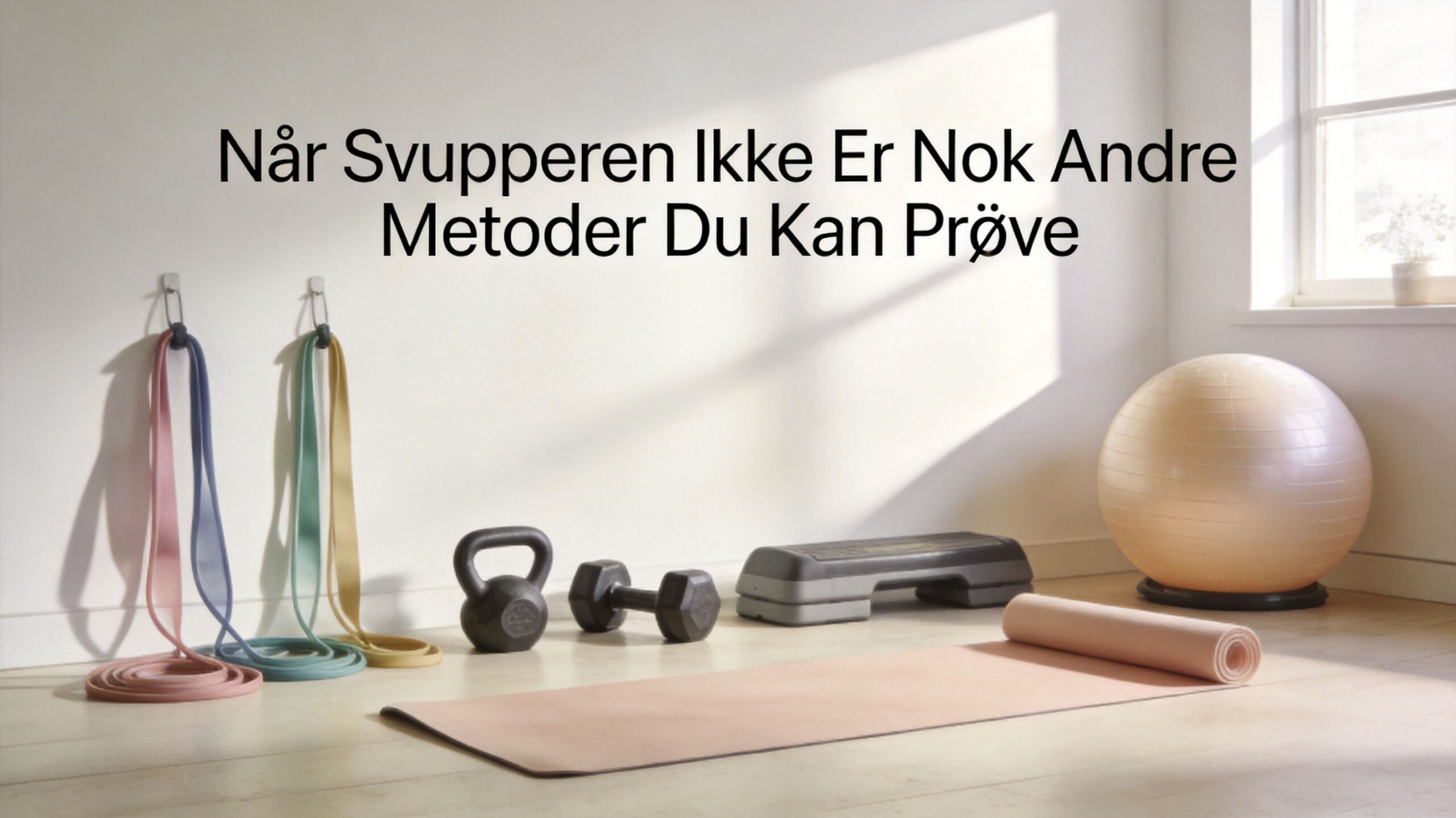 Forskelligt træningsudstyr placeret i et lyst rum med teksten "Når Svupperen Ikke Er Nok" skrevet ovenover.