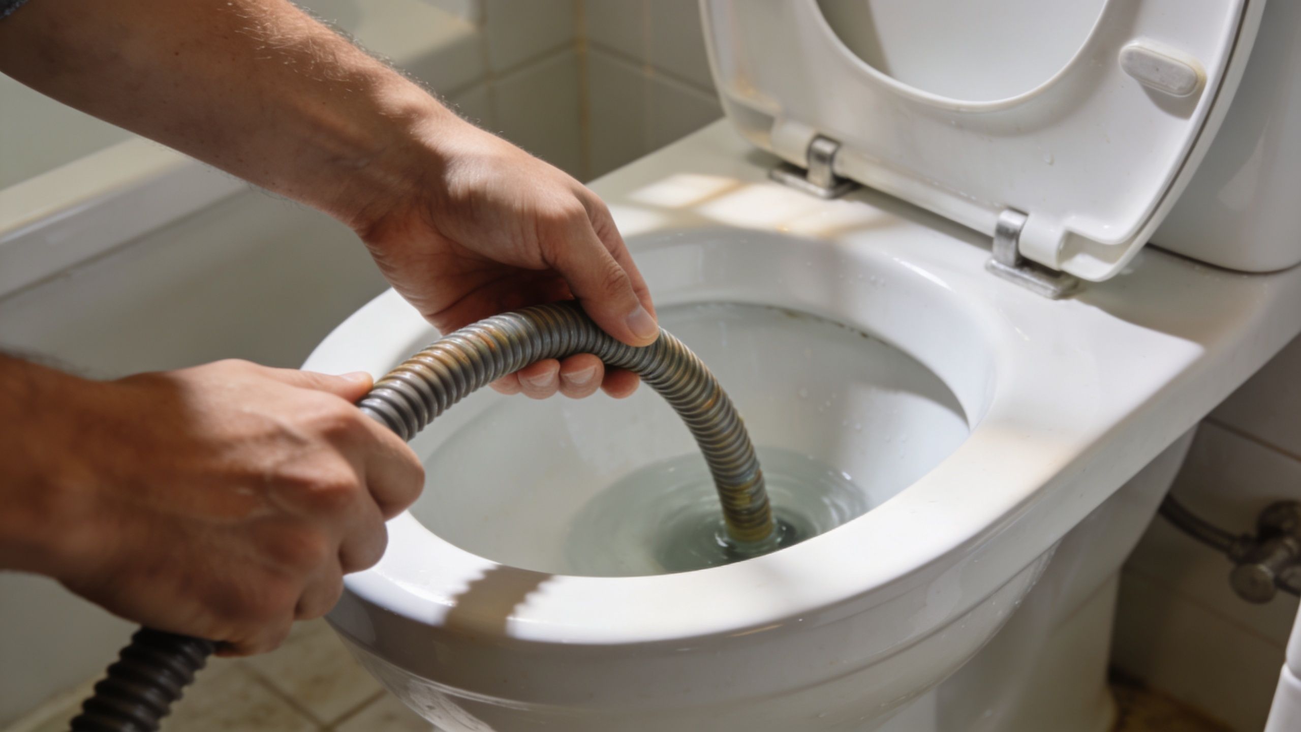 En blikkenslager bruger en kloakrenser til at fjerne en prop i toilettet for at få vandet væk.