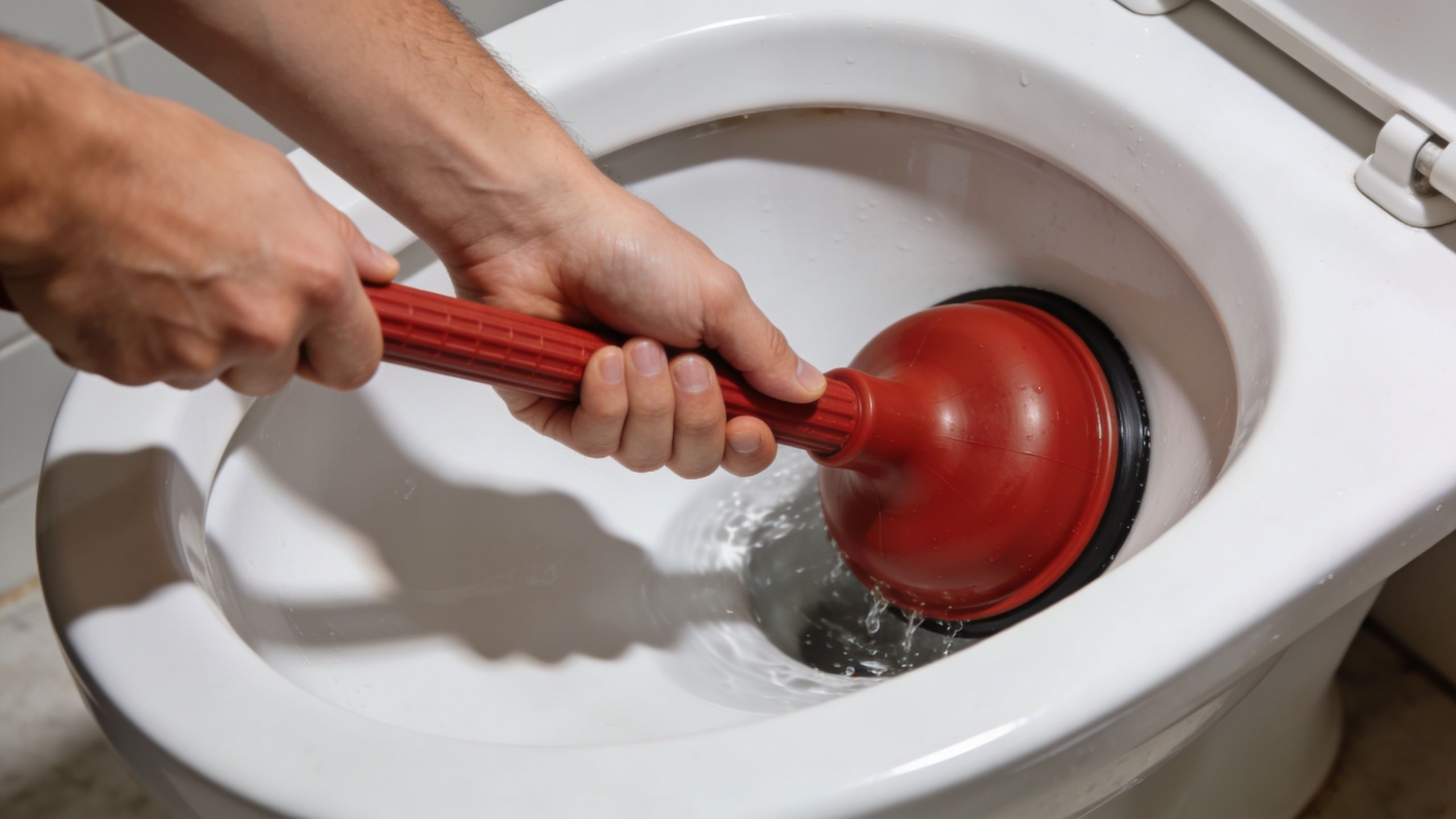 En person bruger en rød svupper til at løsne et tilstoppet toilet med synligt vand i kummen.