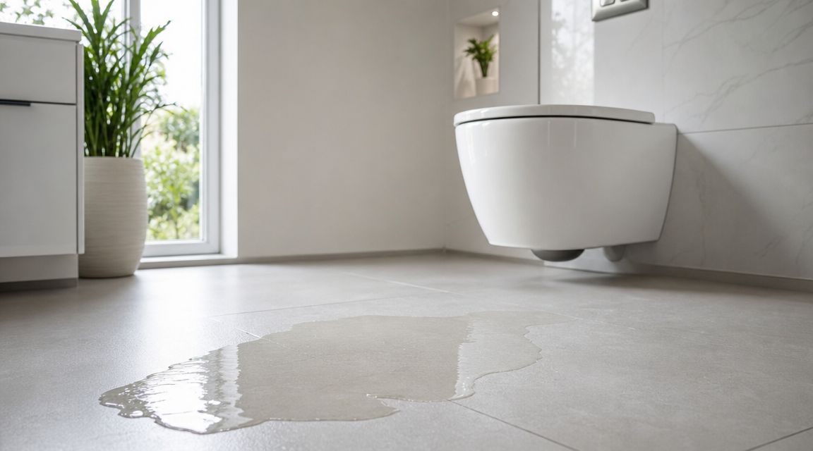 Et badeværelsesgulv med en stor vandpyt, der stammer fra et væghængt toilet i en moderne bolig.