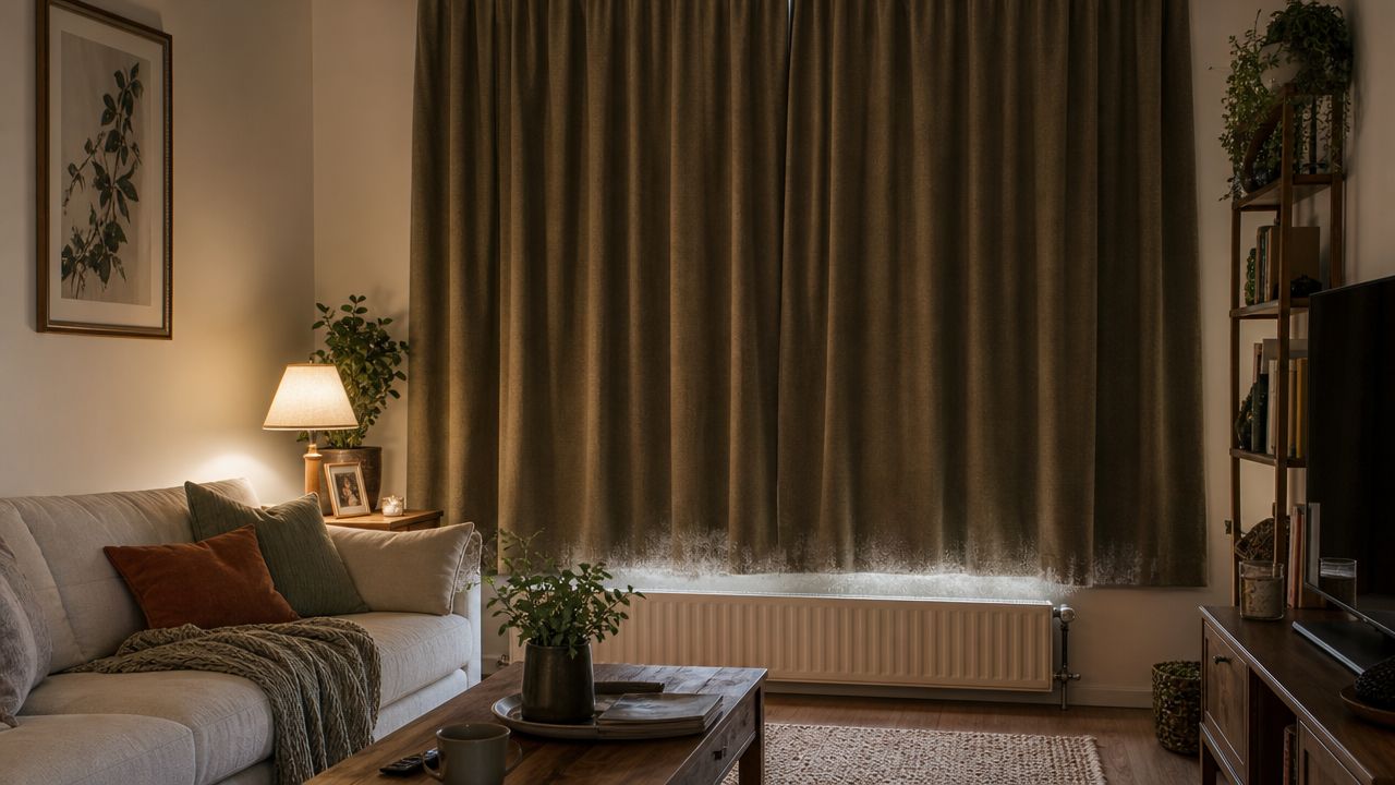 En stue med en sofa, et bord og vinduer, der viser tydelige tegn på kondens og fugtproblemer.