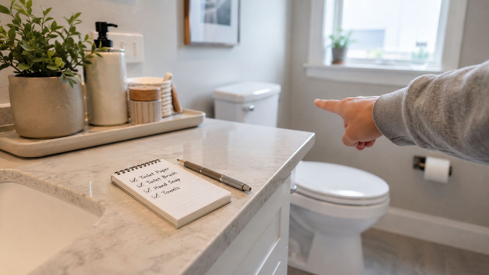 En hånd peger på et toilet i et badeværelse ved siden af en indkøbsliste på bordet.