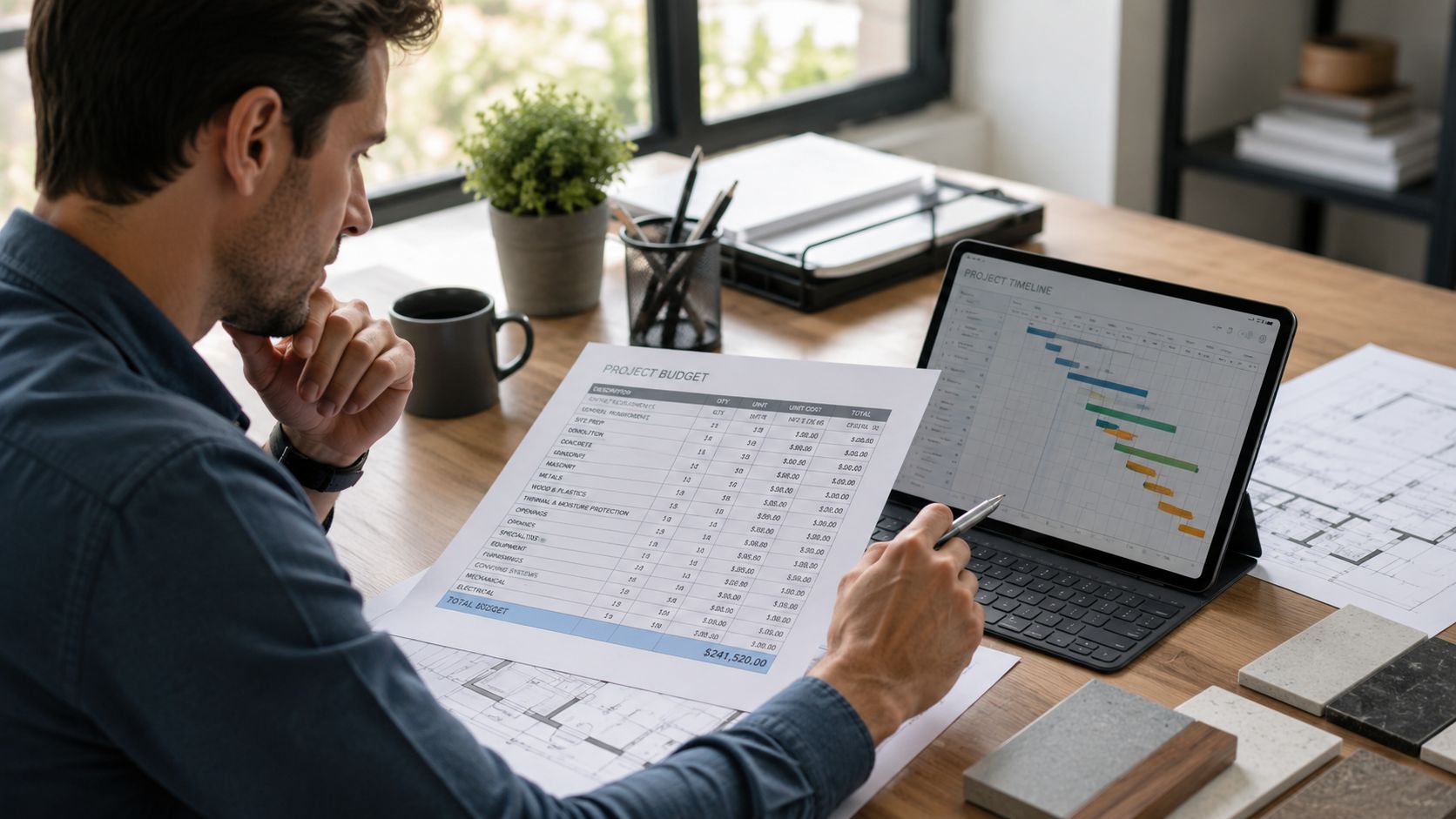 En mand sidder ved sit skrivebord og gennemgår et projektbudget samt en tidsplan på sin tablet.
