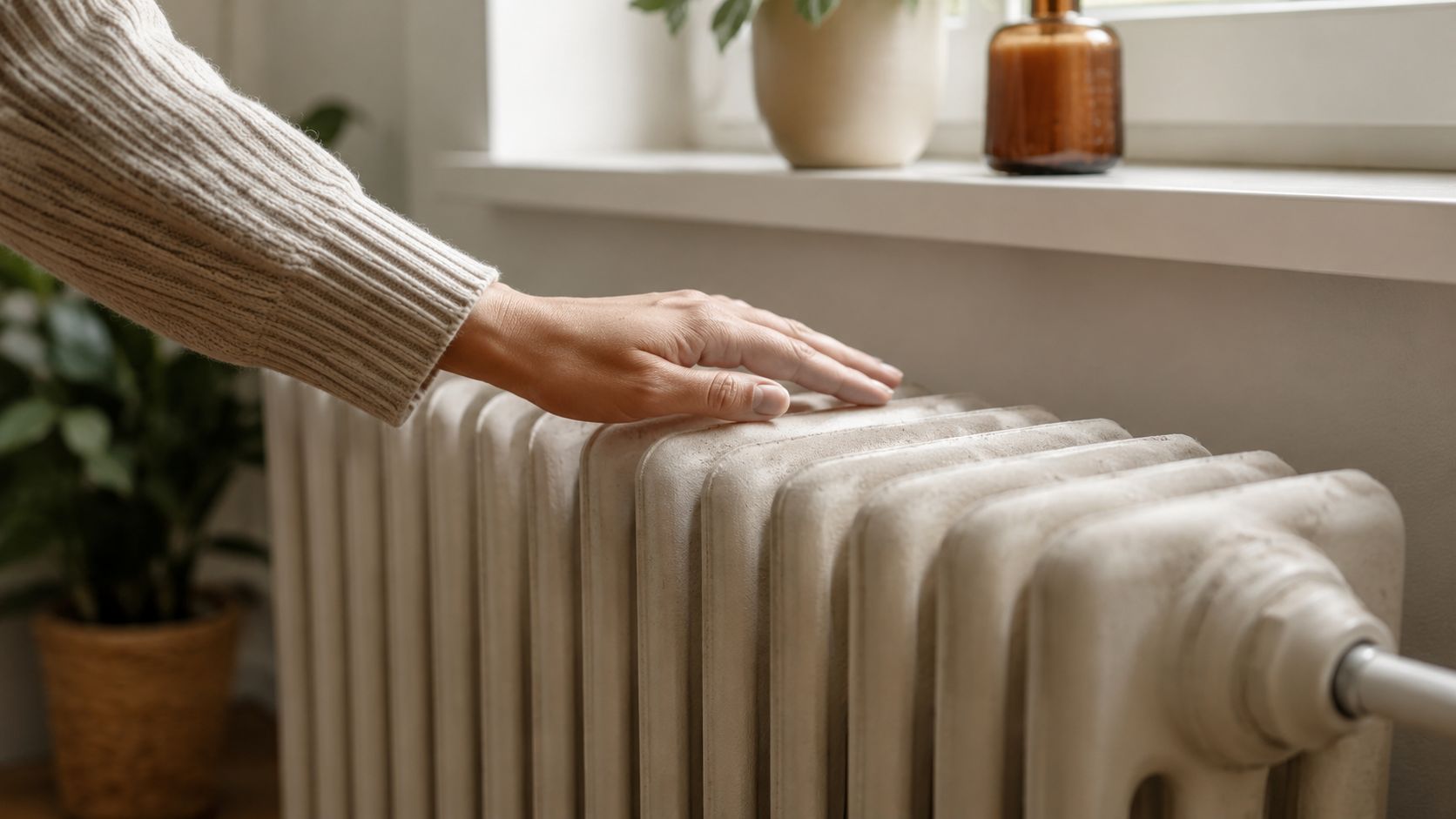 En hånd rører ved en hvid radiator for at mærke varmen i en hyggelig bolig.