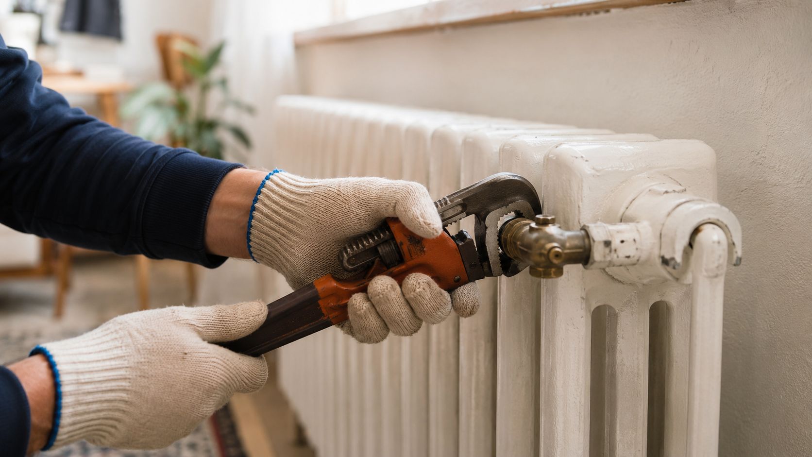 En blikkenslager bærer beskyttelseshandsker og bruger en rørtang til at installere eller reparere en radiatorventil på en radiator.