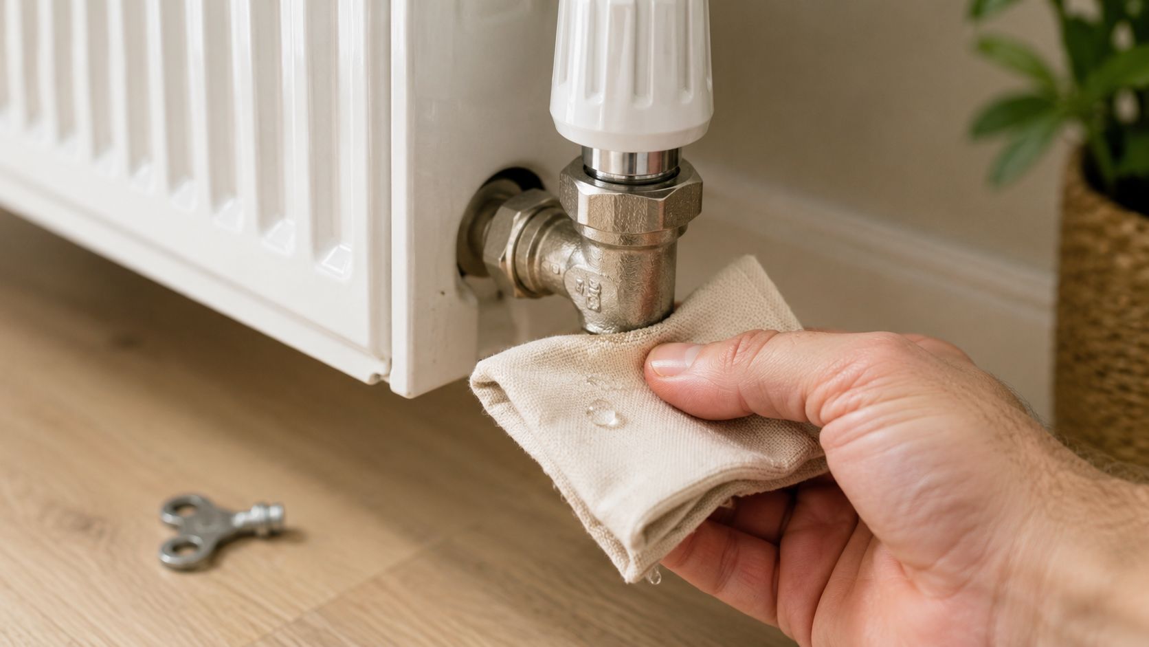 En person tørrer en utæt radiatorventil af med en klud ved siden af en radiatornøgle på gulvet.