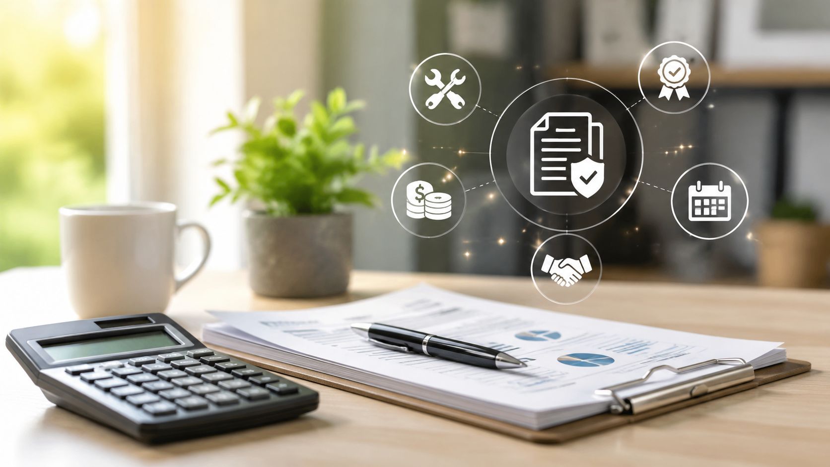 En lommeregner og dokumenter med en digital illustration af ikoner for en professionel serviceaftale på et skrivebord.