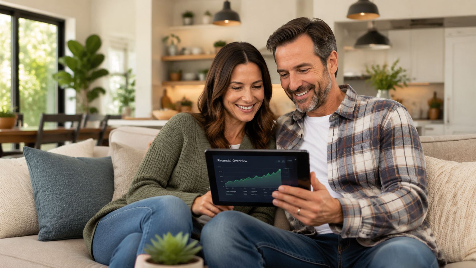 Et lykkeligt par sidder sammen i sofaen og gennemgår deres privatøkonomi på en digital tablet i stuen.