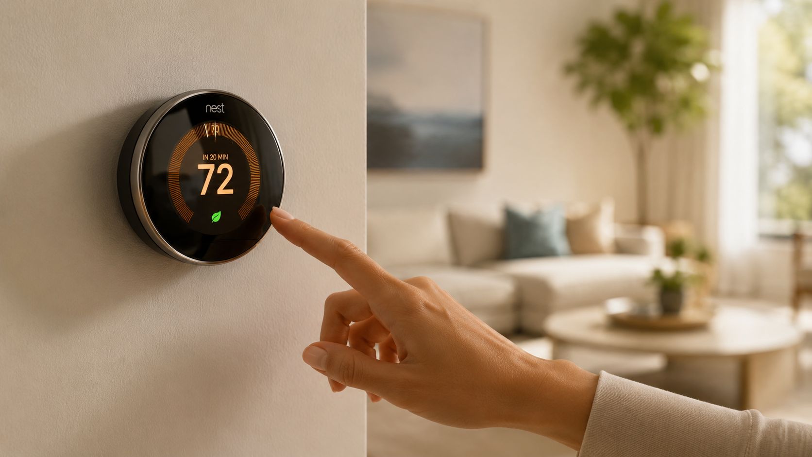 Person justerer en smart termostat i et moderne hjem i Horsens.