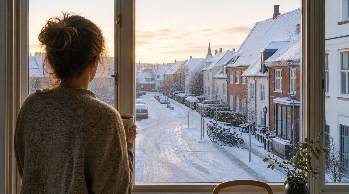 En kvinde står ved et vindue med en kop kaffe og kigger ud på en snedækket gade.