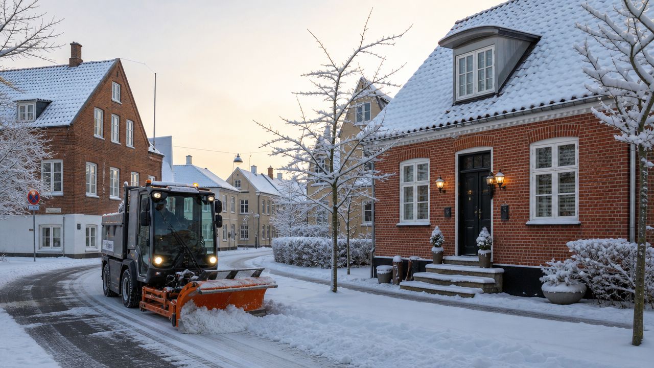 En lille maskine rydder sne fra en gade i et hyggeligt boligområde med røde murstenshuse om vinteren.