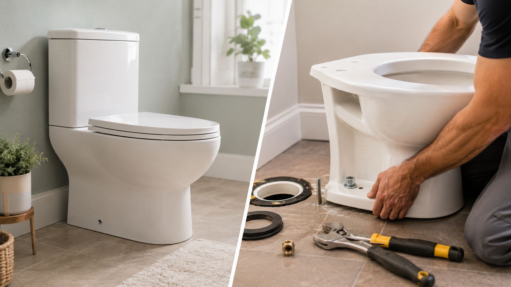 En før-og-efter sammenligning der viser et installeret toilet og en blikkenslager, der monterer et nyt toilet.
