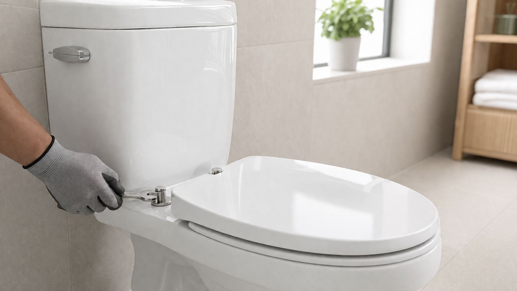 En håndværker med arbejdshandsker bruger en svensknøgle til at montere et nyt toiletsæde på et moderne toilet.
