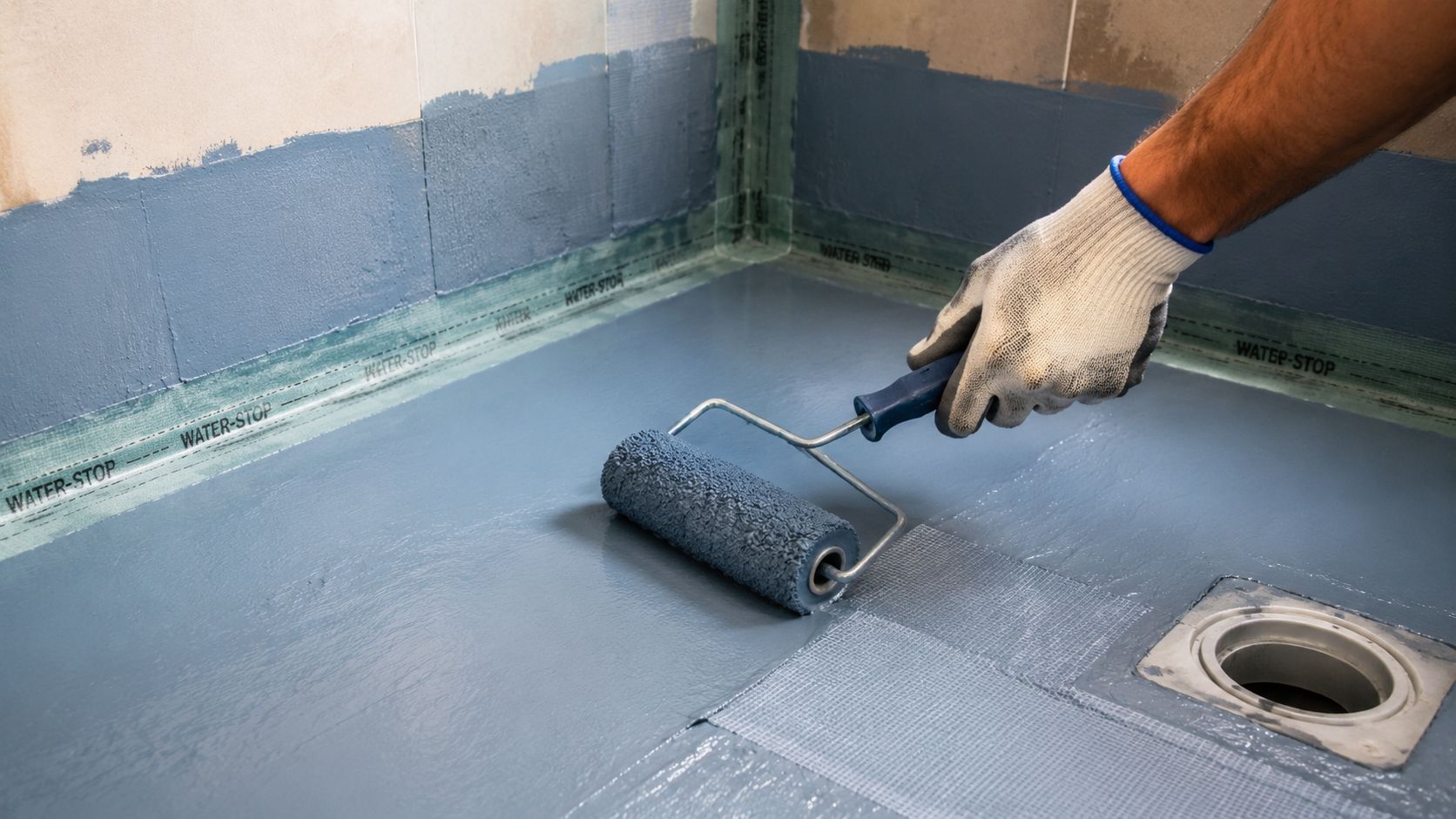 Håndværker påfører vådrumsmembran med en malerrulle på badeværelsets gulv under renovering af et badeværelse.