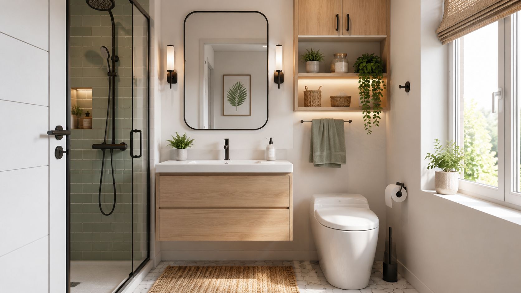 Moderne badeværelsesindretning med lyst træmøbel, grønne planter og glasbruseniche i et lyst og elegant badeværelse