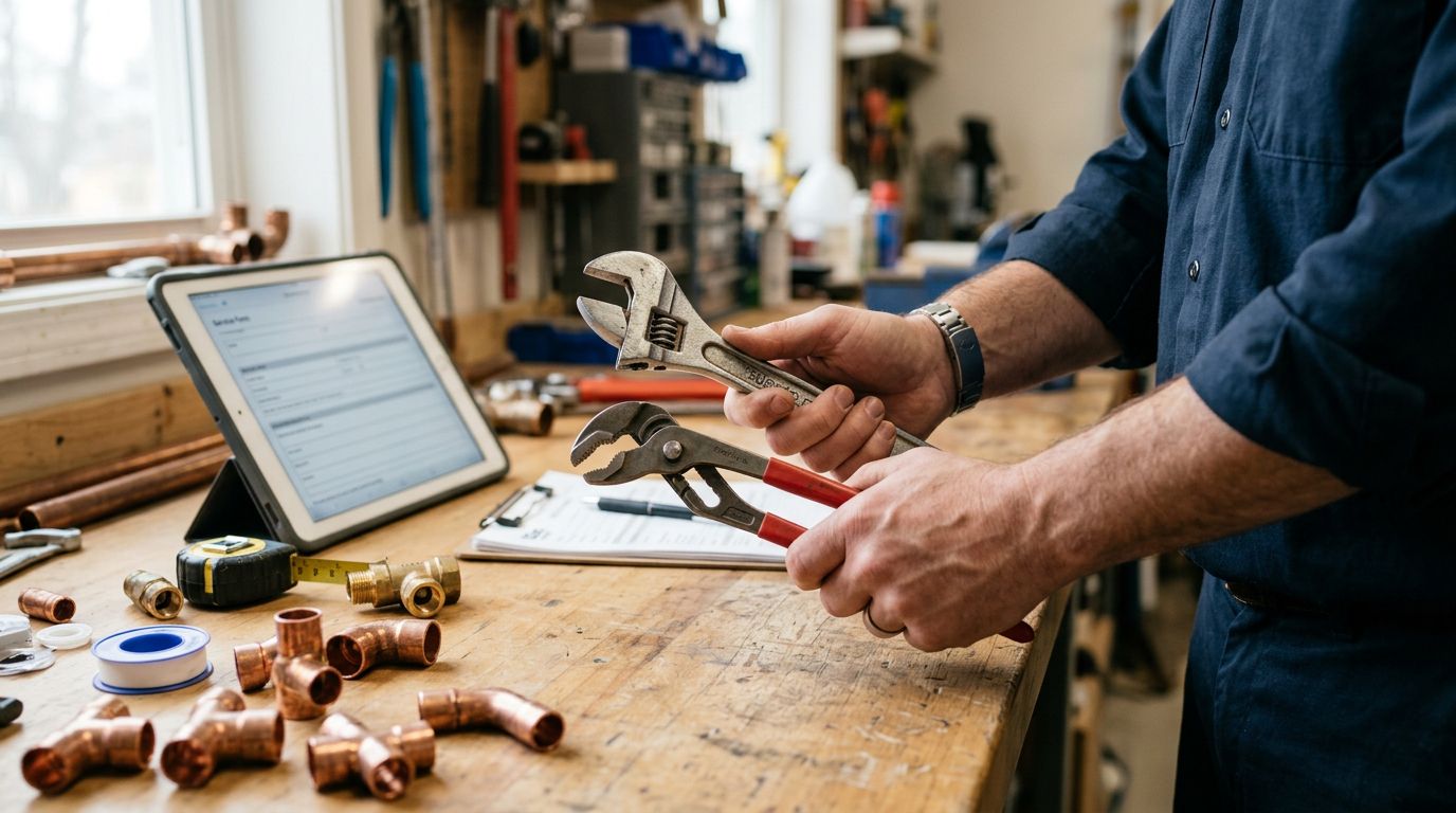 En blikkenslager forbereder VVS-arbejde på et værksted med værktøj, kobberrør og en digital tablet på bordet.