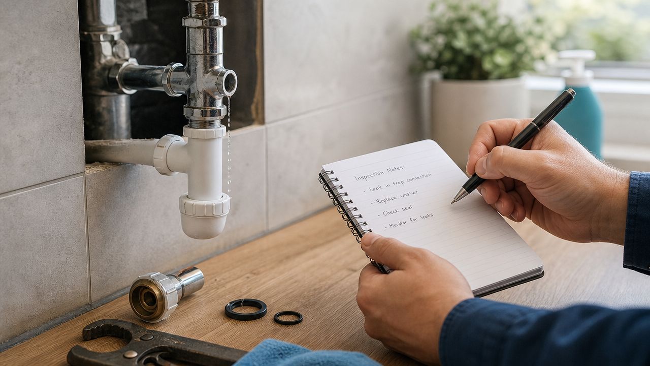 En blikkenslager tager noter i en notesbog ved siden af et utæt rør under en vask.