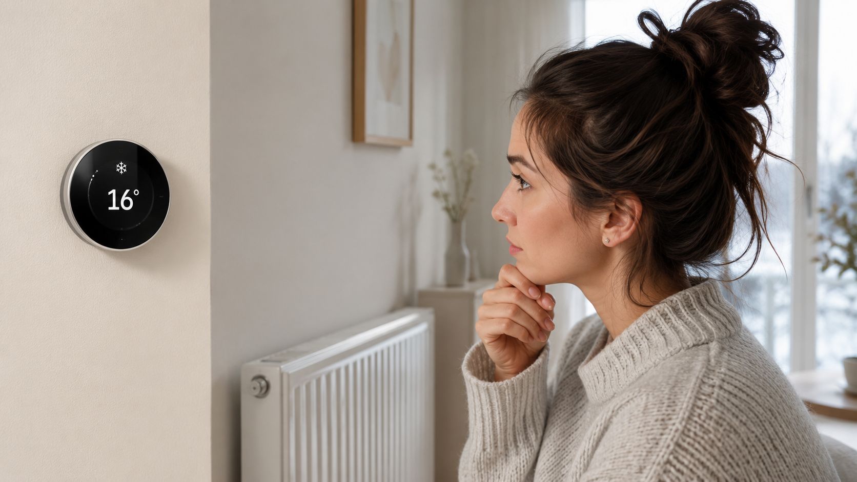 En kvinde kigger på en smart termostat med 16 grader ved siden af en hvid radiator i stuen.