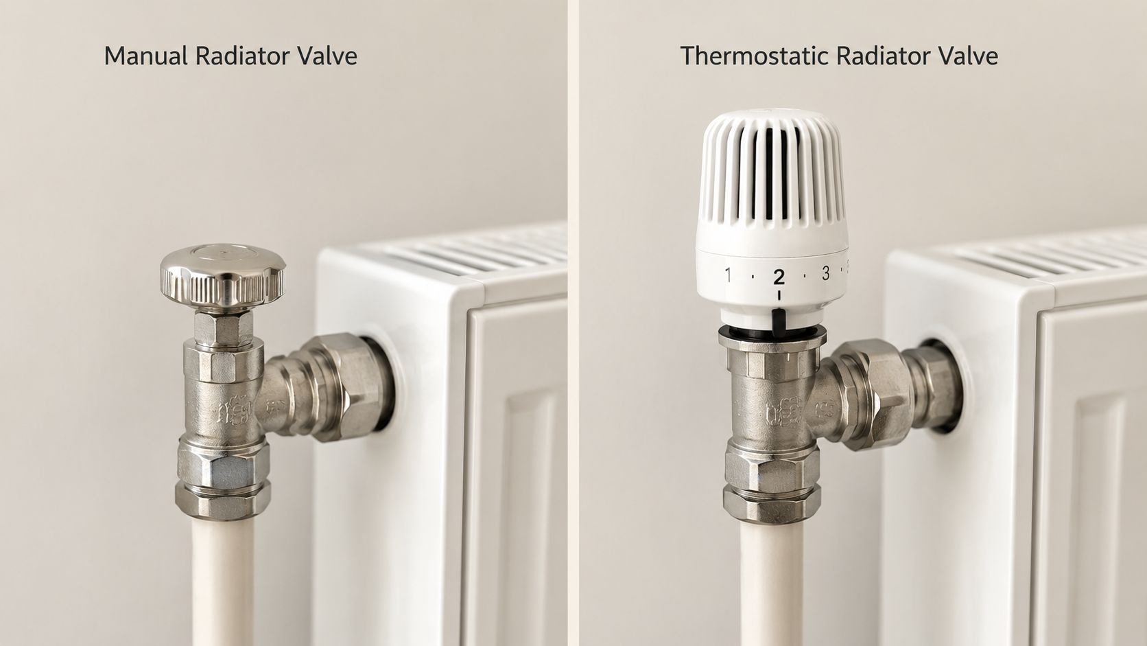 Sammenligning af en manuel radiatorventil og en moderne termostatisk radiatorventil monteret på en hvid radiator.