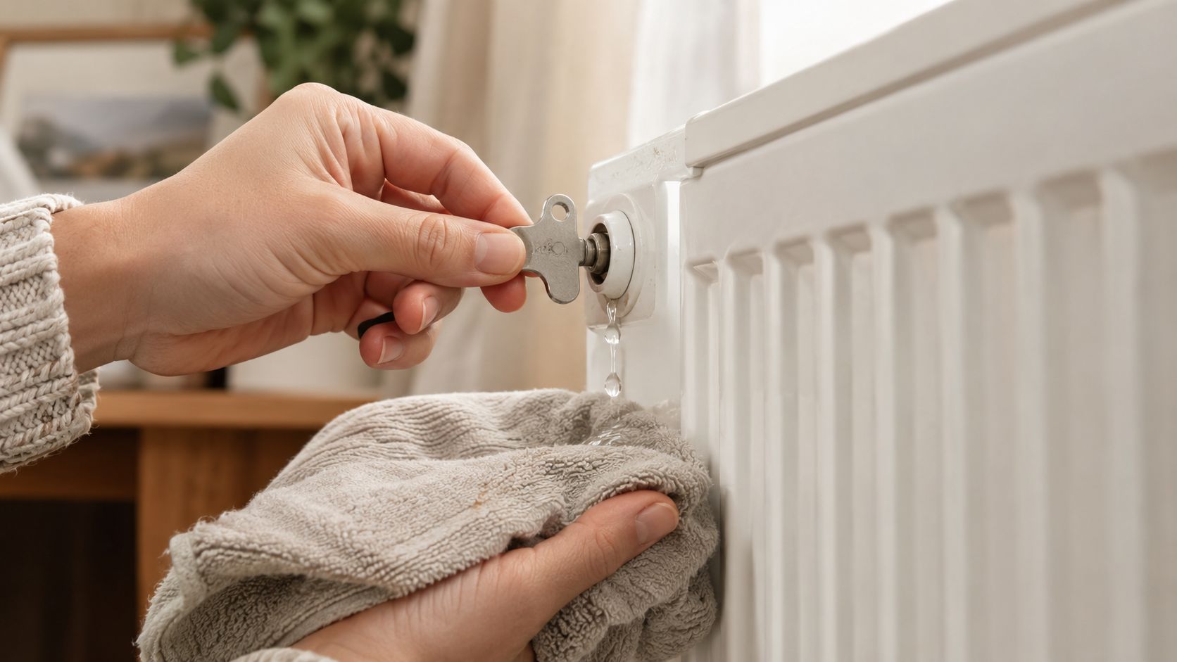 En person lufter en radiator ud med en radiatorudluftningsnøgle og fanger vandet med en lille klud.