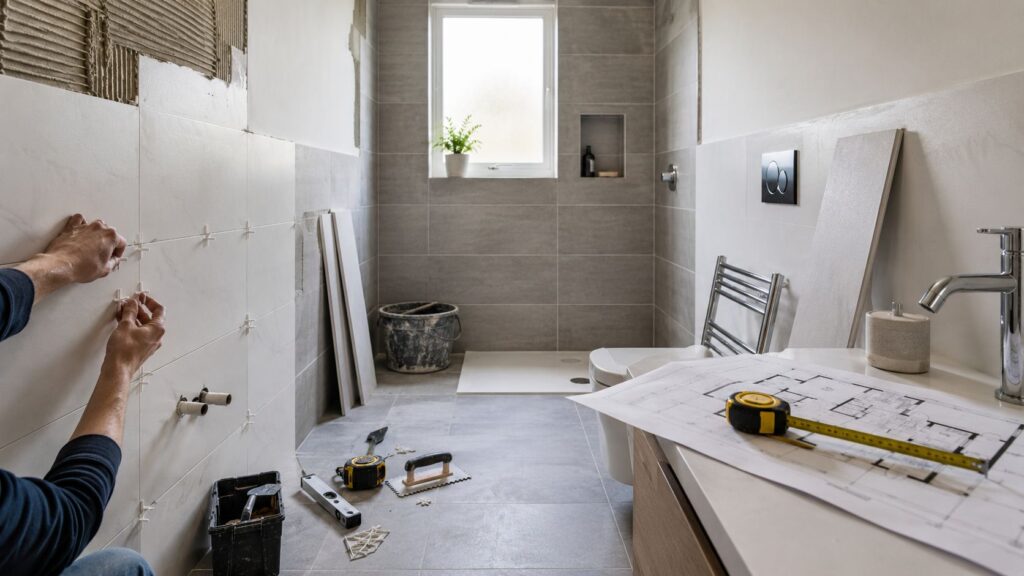 Horsens badeværelse under renovering med værktøj og materialer.