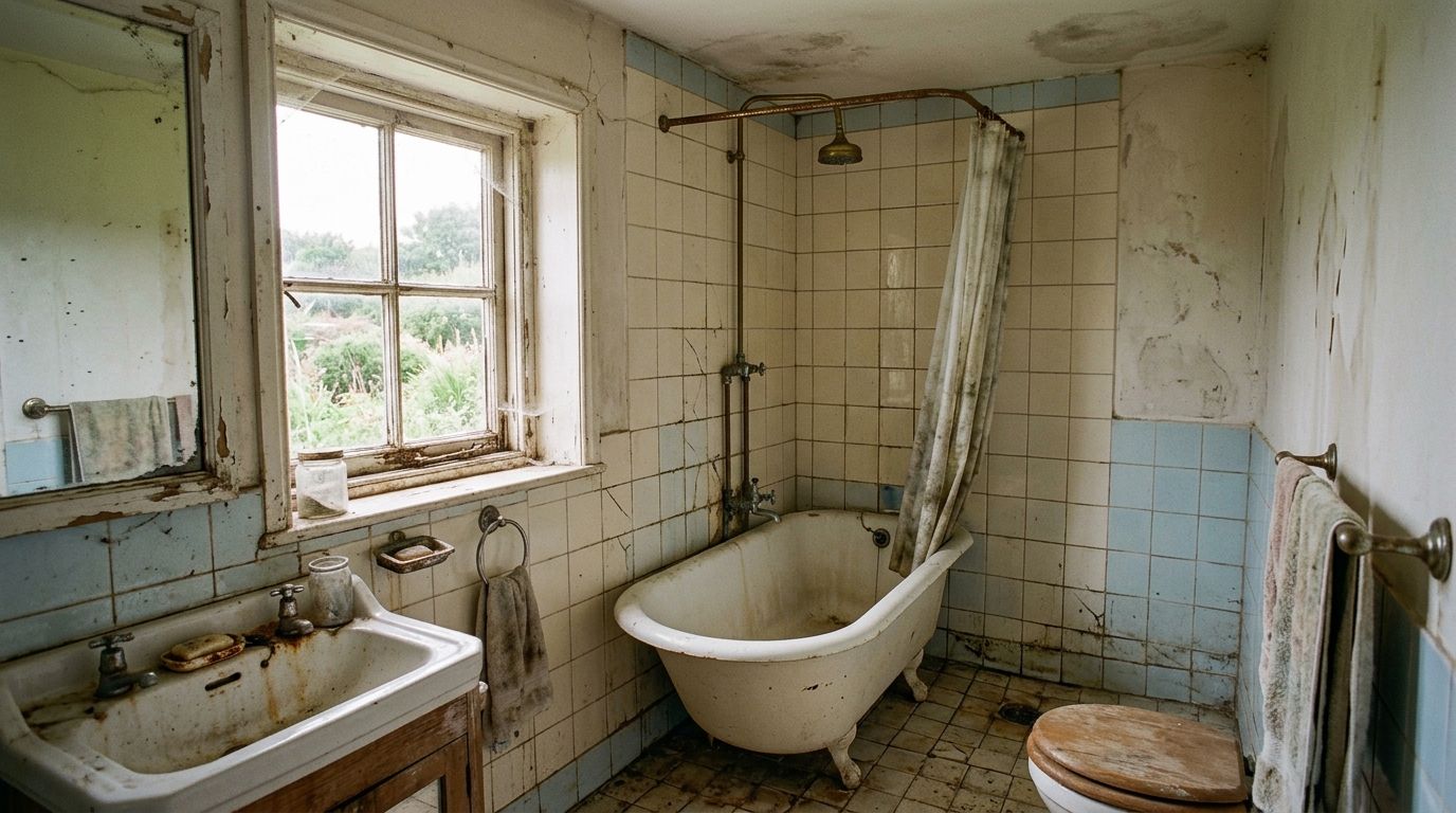 Et nedslidt og gammelt badeværelse i et sommerhus, der trænger til en omfattende renovering af fliser og sanitet.