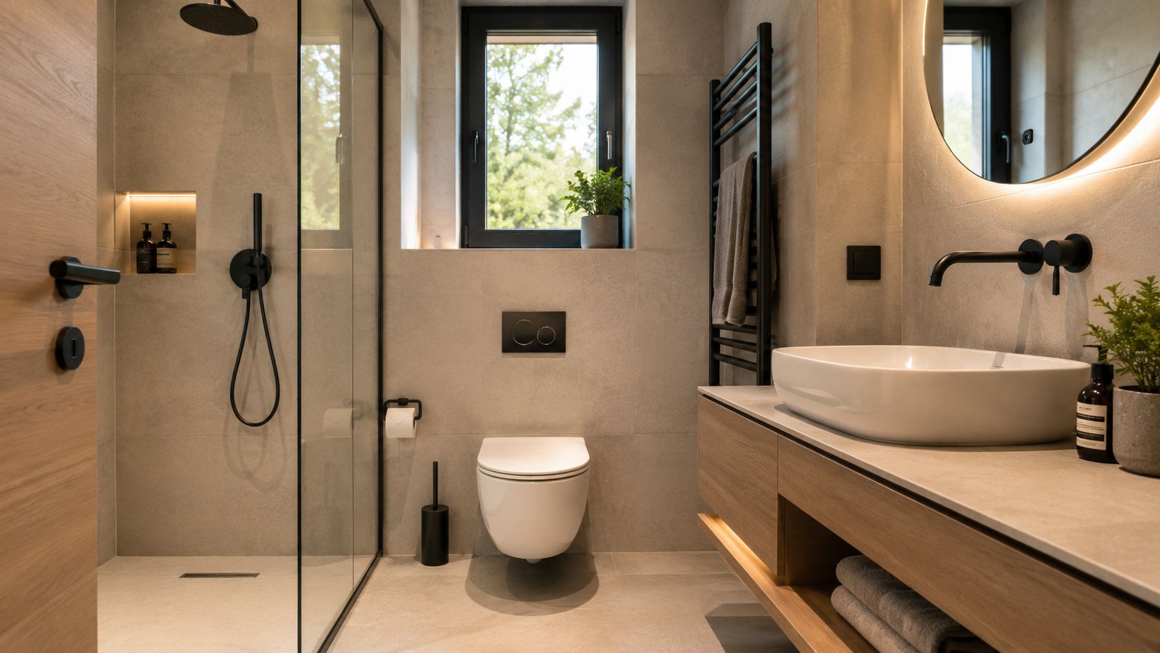 Moderne badeværelse med trædetaljer, walk-in bruser, væghængt toilet og stilfuld vask i lyse fliser.