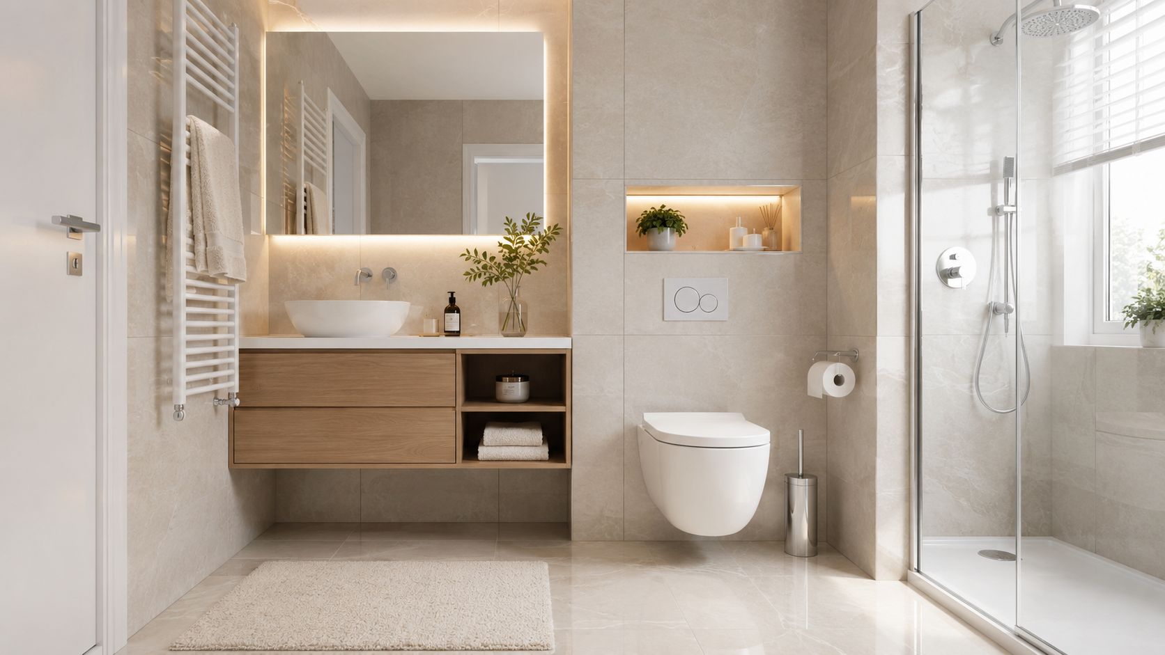 Moderne badeværelse med træskab, væghængt toilet, bruseniche og varm belysning i en elegant og minimalistisk stil.
