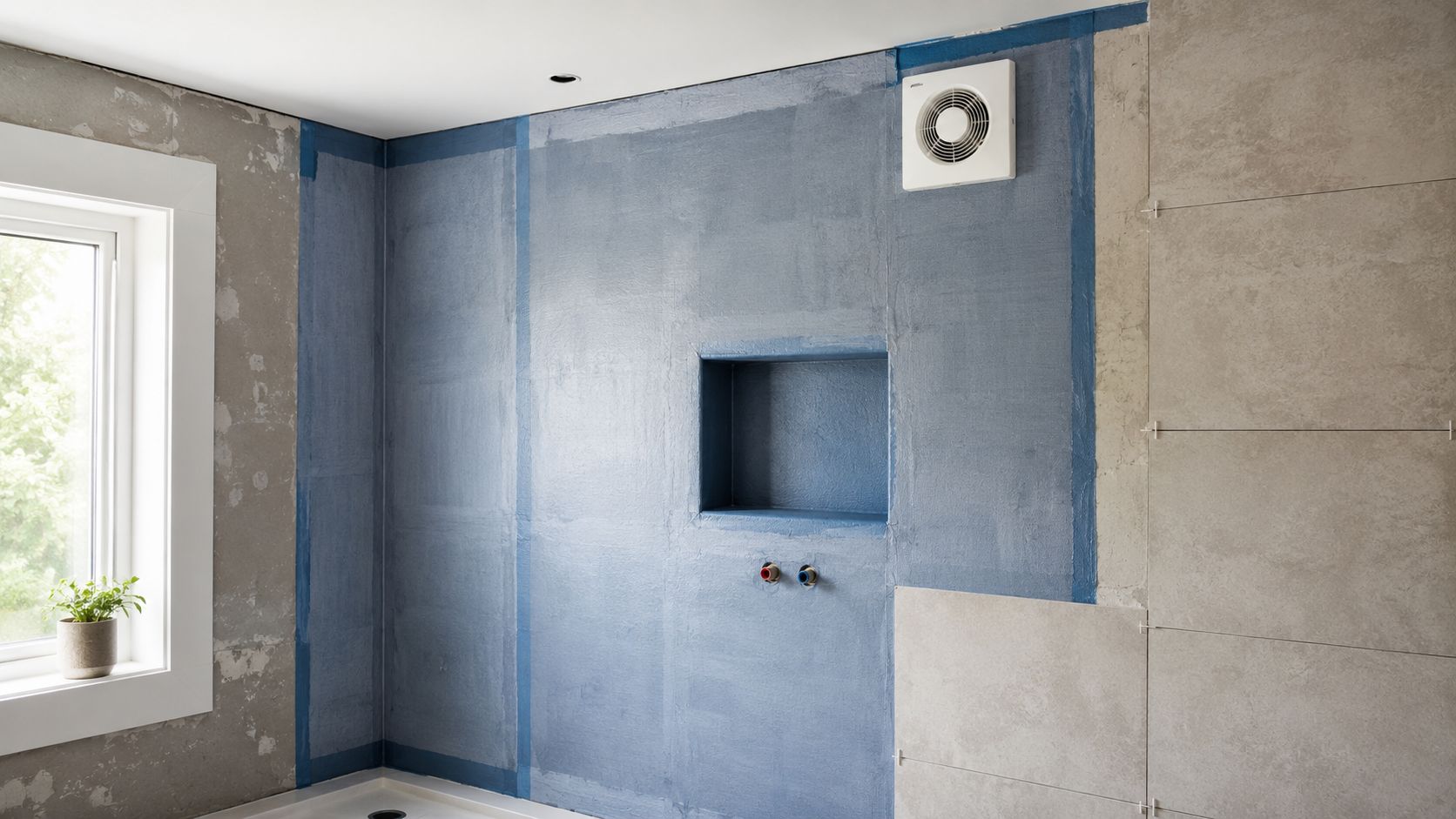 Et badeværelse under renovering med vådrumsmembran, indbygget niche og fliser under opsætning på væggen.