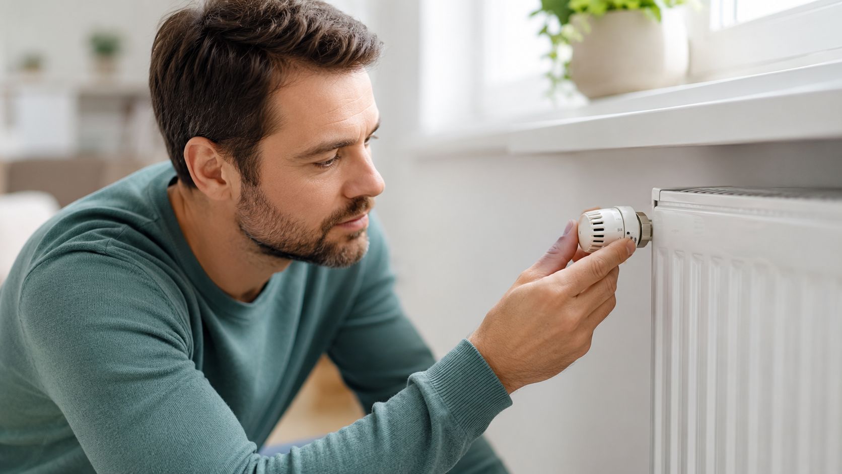 En mand justerer forsigtigt en radiatortermostat for at optimere varmeforbruget i sit hjem om vinteren.