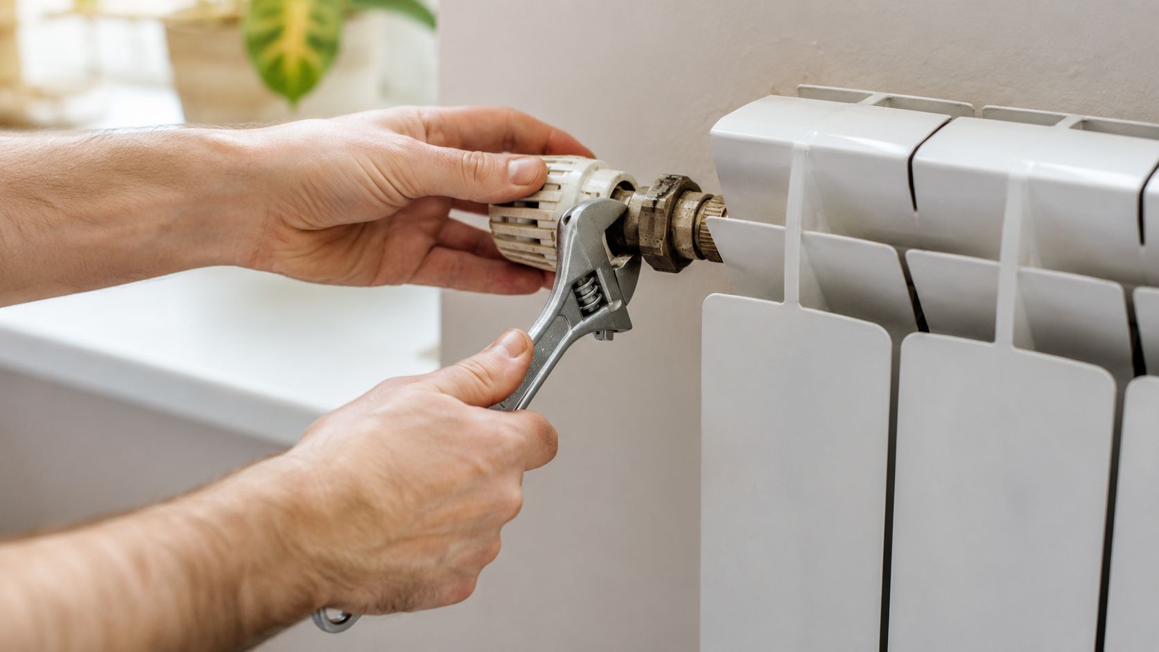 En person bruger en svensknøgle til at reparere eller udskifte en termostatventil på en hvid radiator