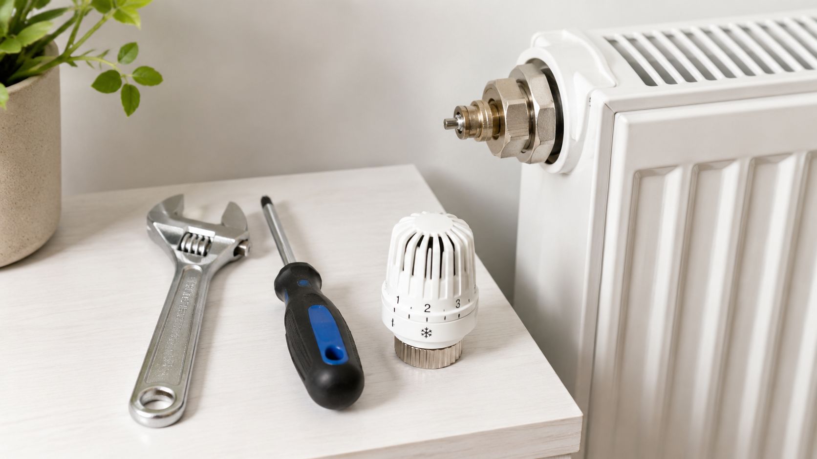 Værktøj og en demonteret radiatortermostat placeret på en hvid overflade klar til reparation af varmeanlægget.