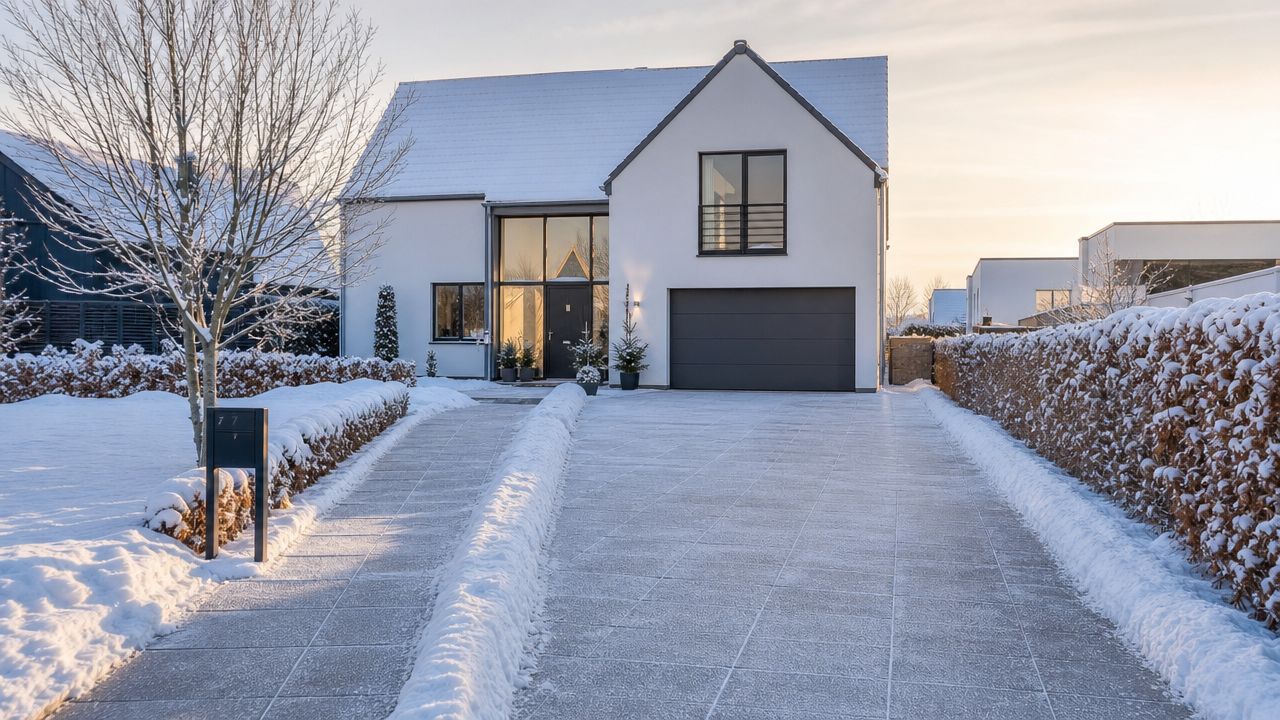 Moderne hvid villa omgivet af sne og en sneryddet flisebelagt indkørsel i et villakvarter om vinteren.