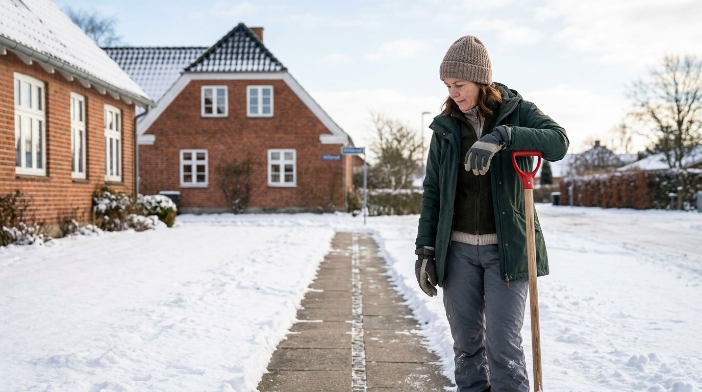 Kvinde med hue og vinterjakke står på en snedækket fortov med en skovl i Hillerød.