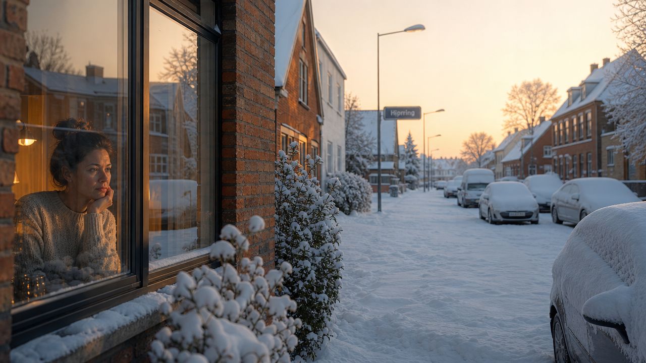 En kvinde kigger ud af et vindue på en snedækket gade i Hjørring under en kold vinterdag.
