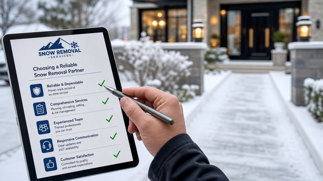 Person der holder en tablet med en tjekliste over pålidelige snerydningstjenester foran et snedækket hus.