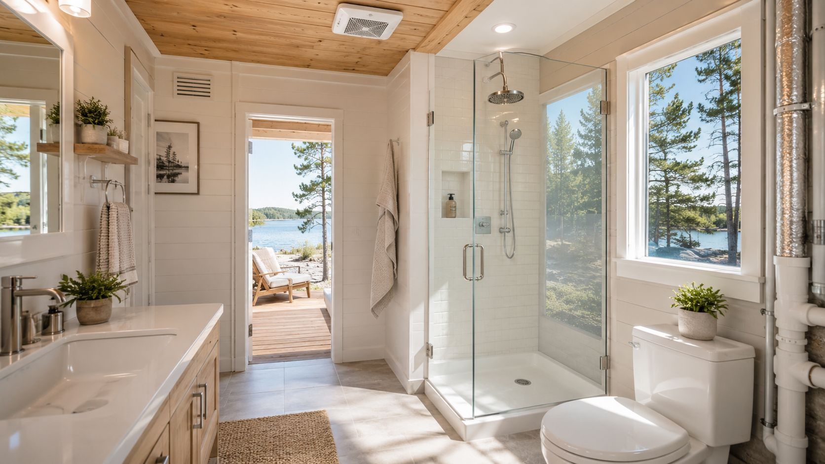 Moderne badeværelse i et sommerhus med glasbruser, lyst træloft og en smuk udsigt over søen.