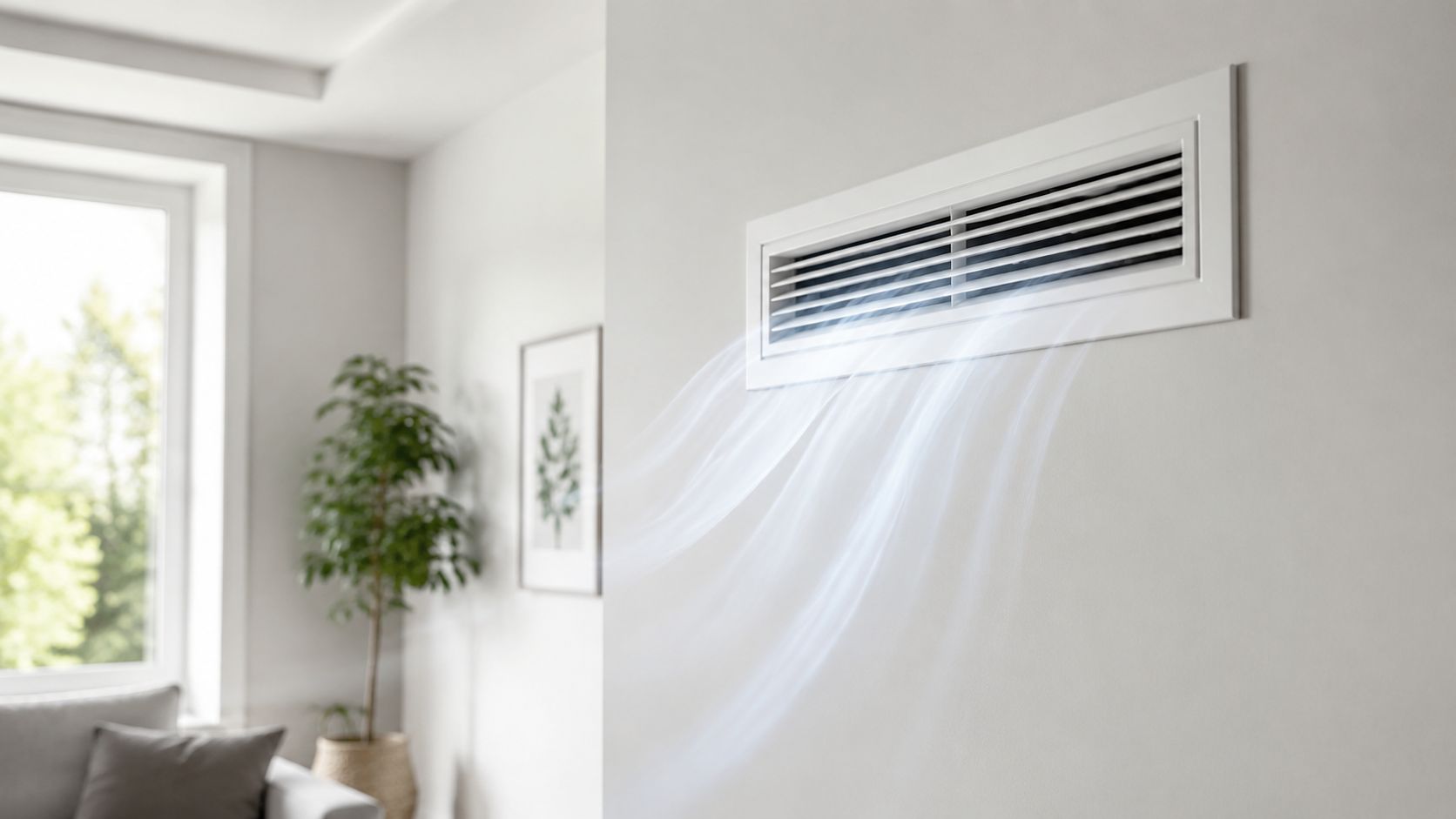 Moderne hvid ventilationsrist monteret på væggen i en stue med synlig luftstrøm fra airconditionanlægget.