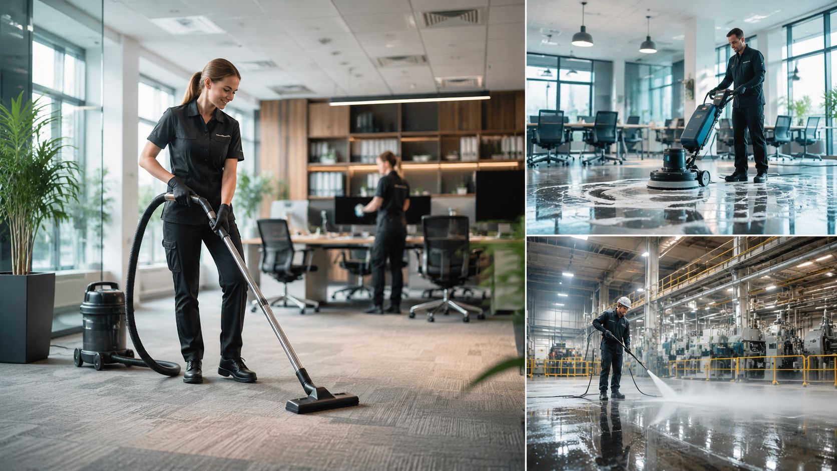 Professionelt rengøringspersonale udfører grundig erhvervsrengøring af kontorlokaler og industrielle faciliteter med specialiseret udstyr og maskiner.