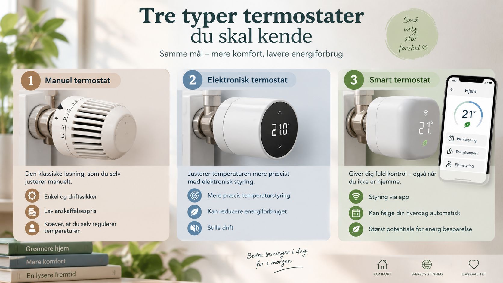 En infografik der sammenligner tre forskellige typer radiatortermostater: manuelle, elektroniske og smarte termostater til hjemmet.